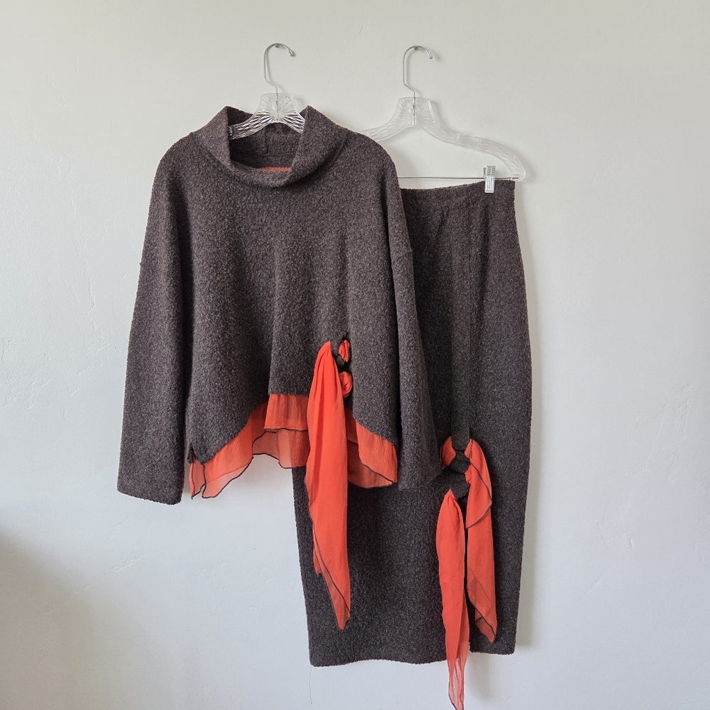 Oliver Jung Paris Sweater Skirt Set Wool Brown Orange Lagenlook Designer Artsy